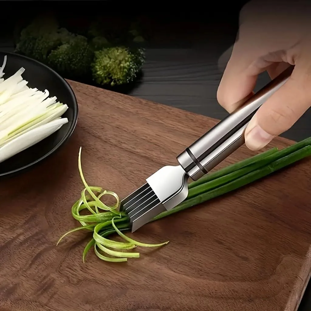 Silver and black stainless steel multi-blade herb cutter with ergonomic handles