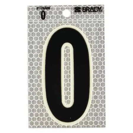 Sheet of ten die-cut vinyl number-zero markers, silver retroreflective with black characters and green glow border