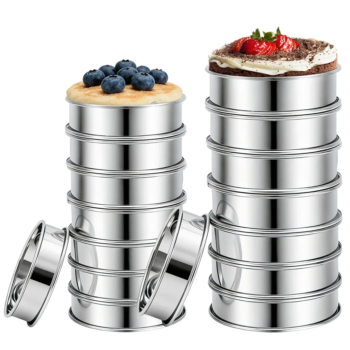 Sixteen stainless steel crumpet rings in two sizes, 3.15 inch and 4 inch, nonstick finish