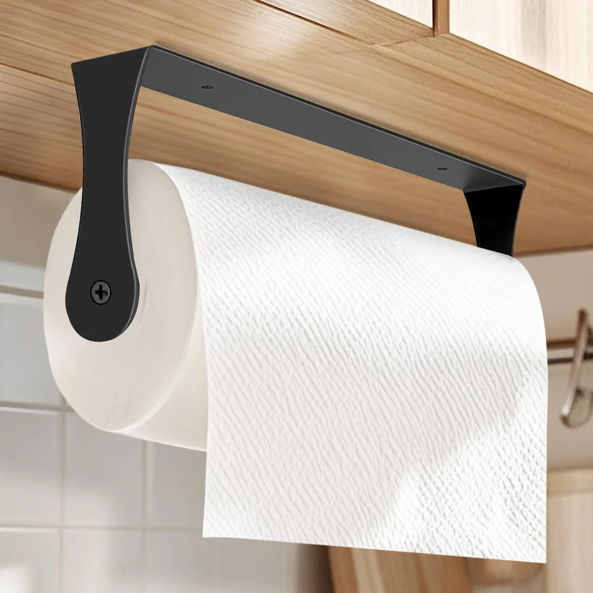 Black stainless steel paper towel holder, under-cabinet or wall mount, adhesive or screw fix