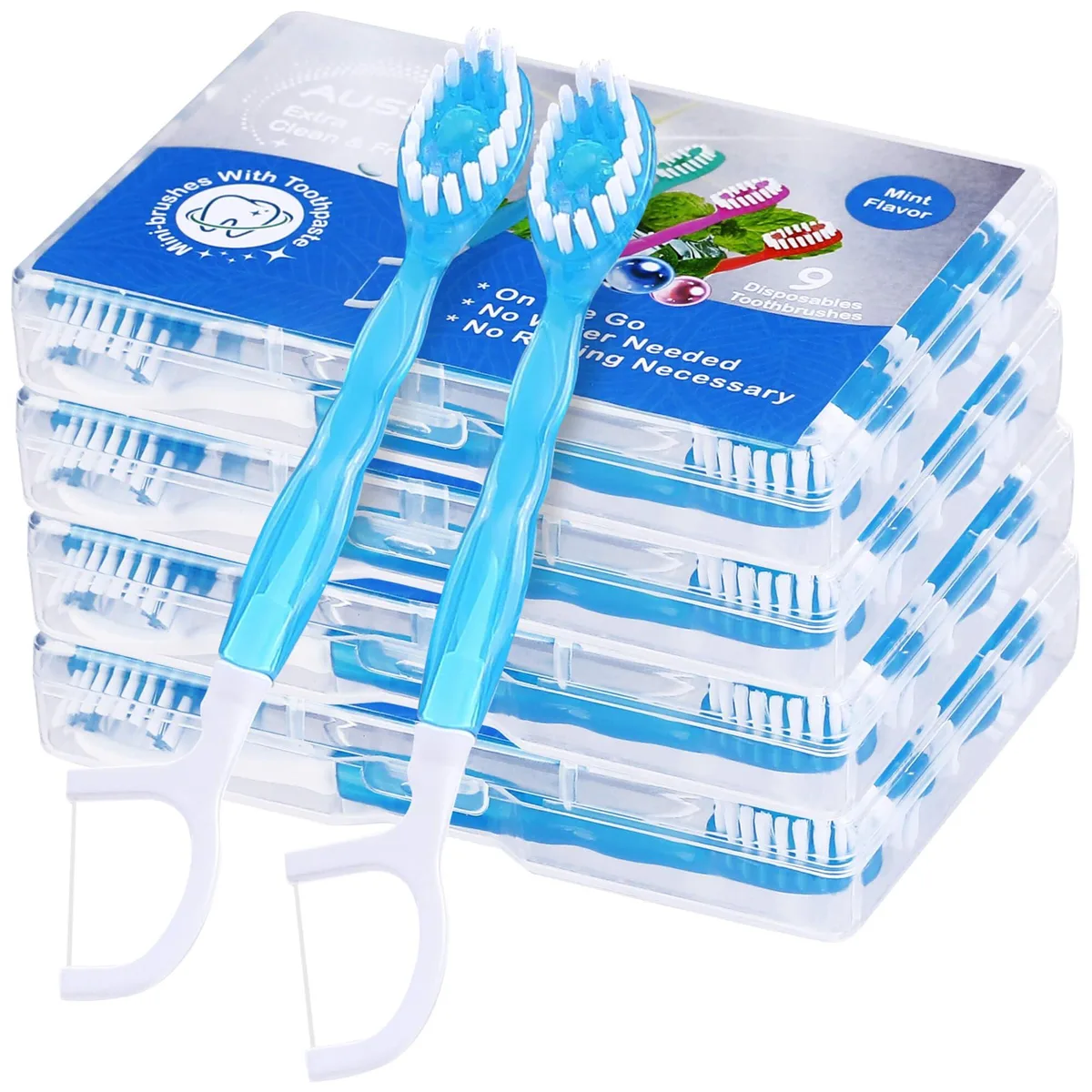 Four portable cases each holding nine mint-coloured mini disposable toothbrushes with built-in floss pick and tongue scraper