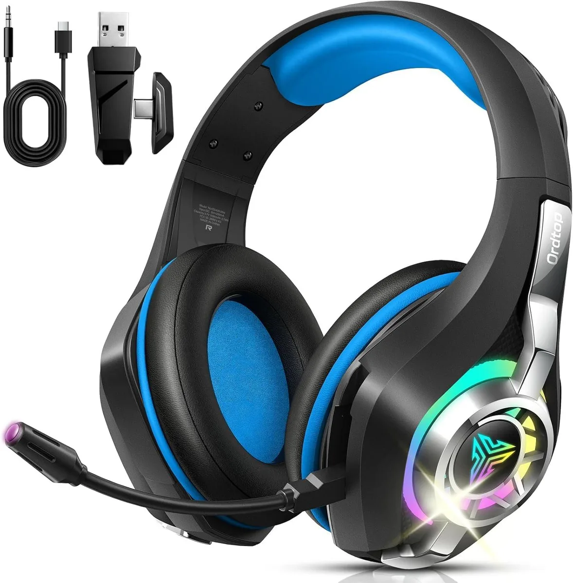 Black over-ear gaming headset with RGB lighting, 2.4GHz dongle, Bluetooth and 3.5mm wired options