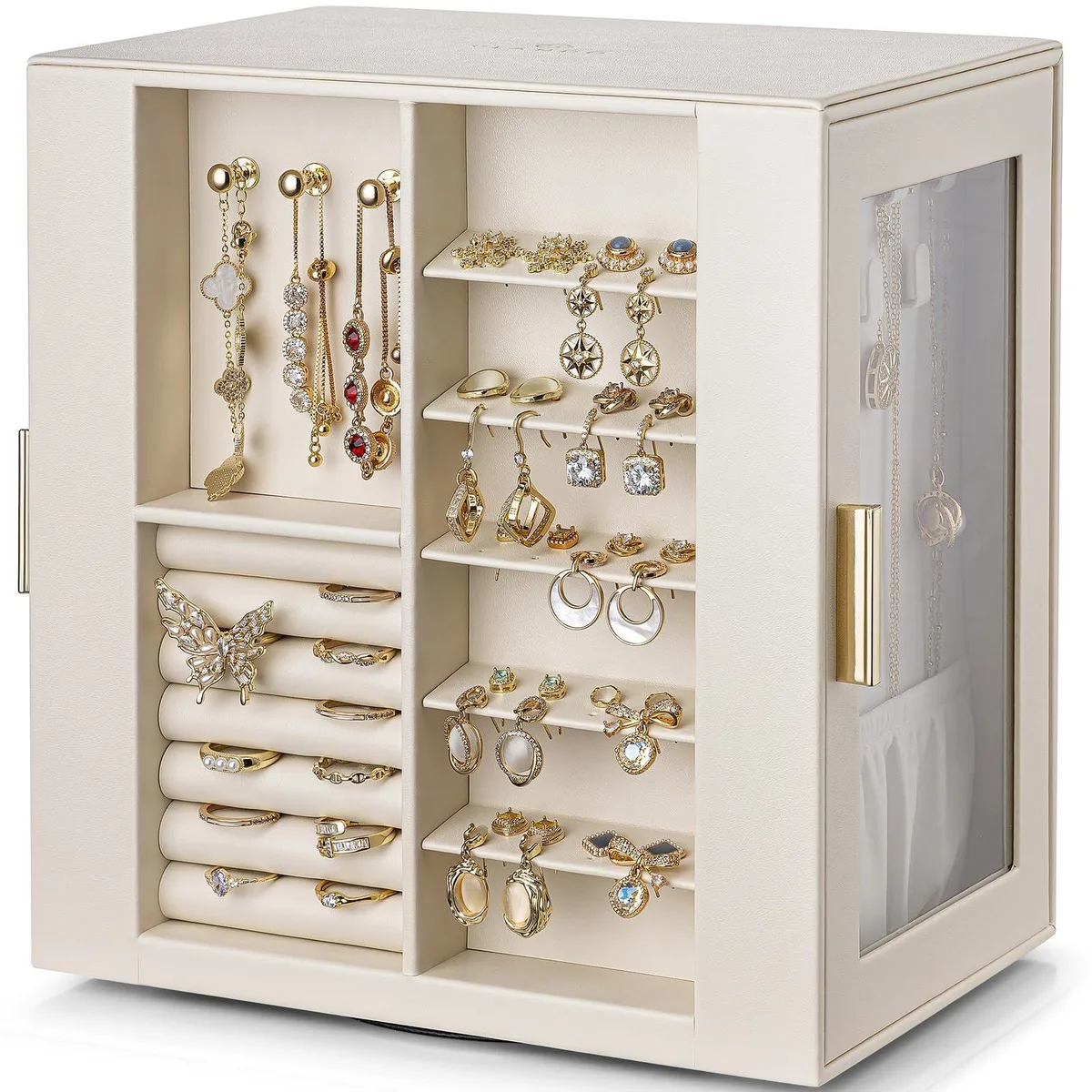 Cloud White rotating jewelry box with five drawers and two glass windows