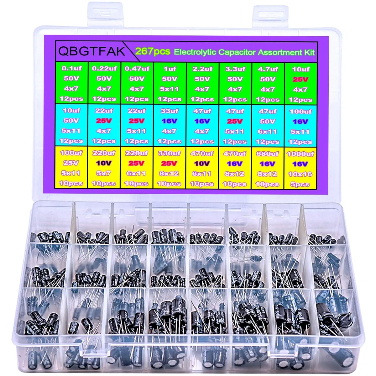 QBGTFAK Electrolytic Capacitor Kit 24 Values 267pcs 0.1uF-1000uF 10V-50V — product photo