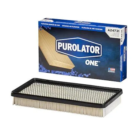 White rectangular pleated paper filter with black rubber seal and yellow PurolatorONE label