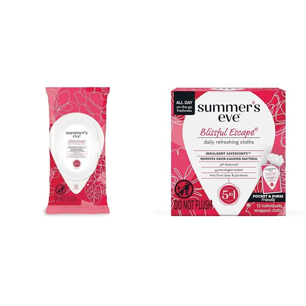 Two packs of feminine wipes, 32 count and 12 count, sealed in plastic packaging