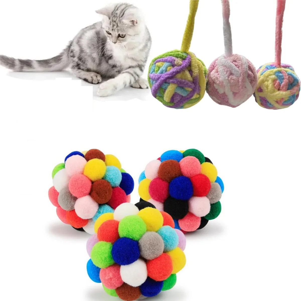 3MNSCD 3MNSCD Interactive Cat Balls Toy 6pcs Colourful Pom Pom Squeaky Bell — product photo