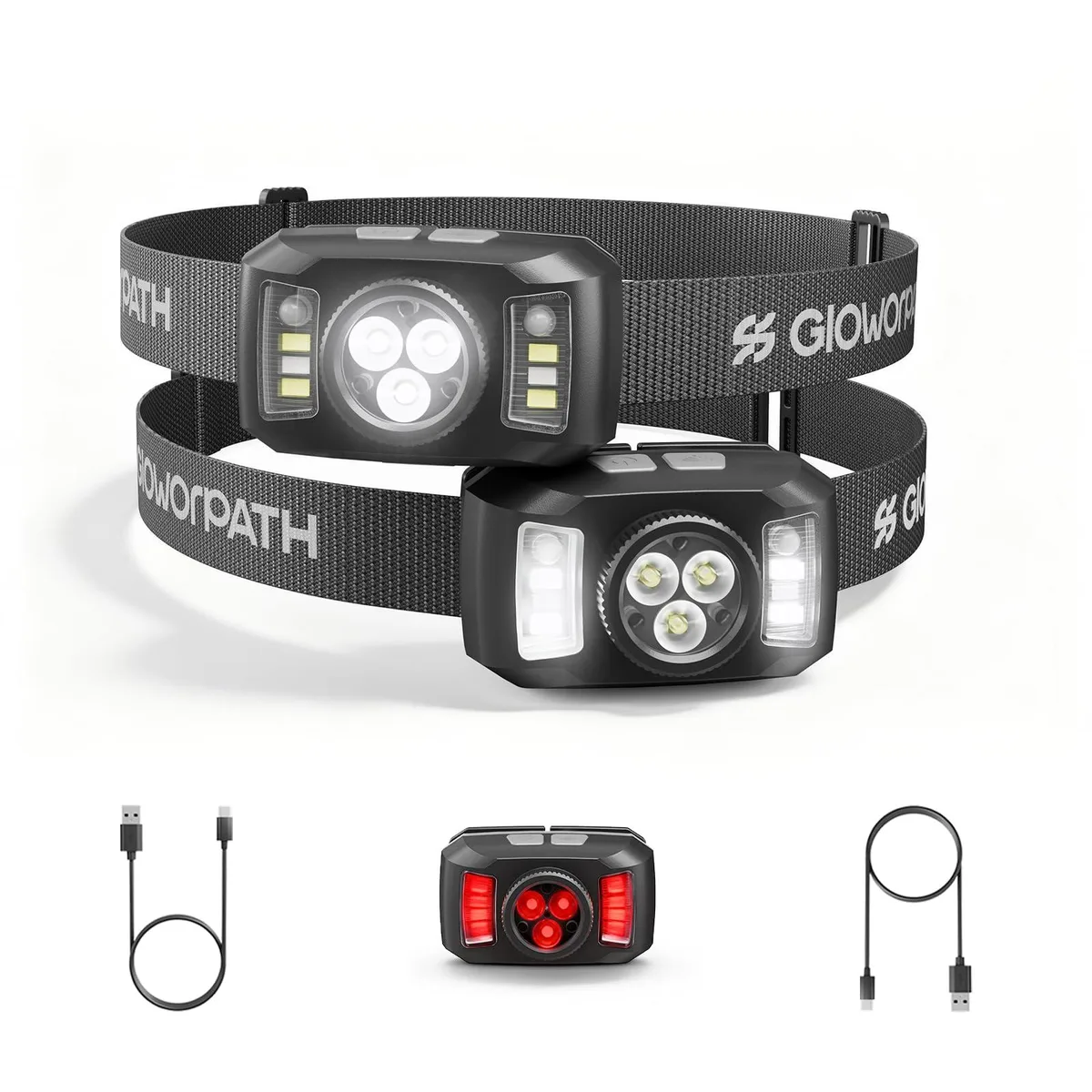 Two black cylindrical headlamps with adjustable straps lying side by side