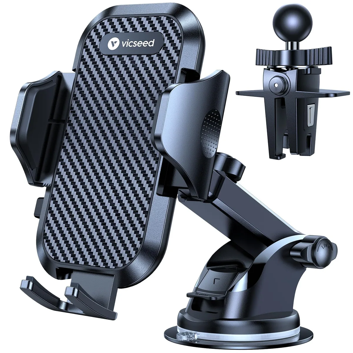 Black car phone mount with long adjustable arm and suction cup base