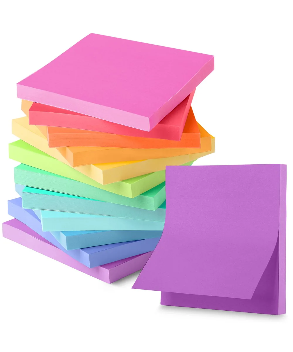 Twelve square pads of bright sticky notes in a rectangular pack