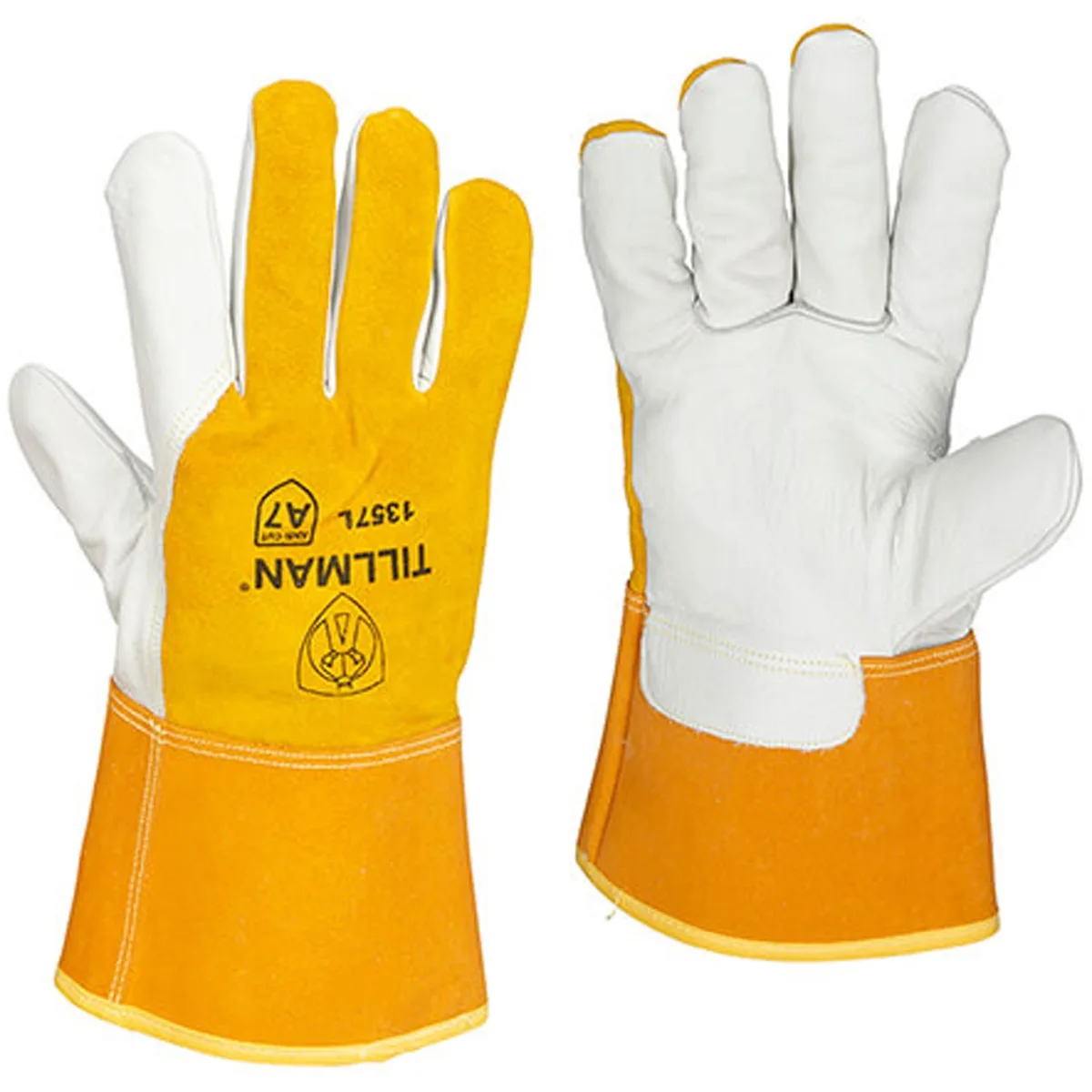 Pair of large welding gloves in tan leather with grey cuff and leather pull tab