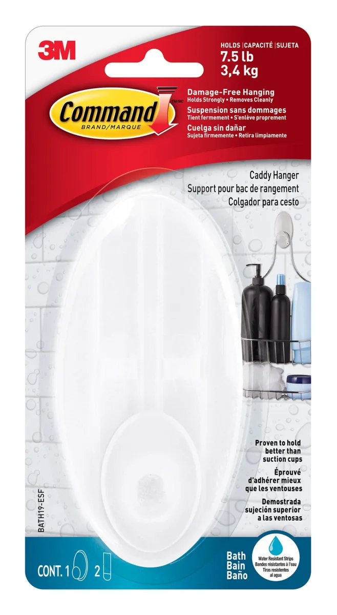White plastic shower caddy with two adhesive strips