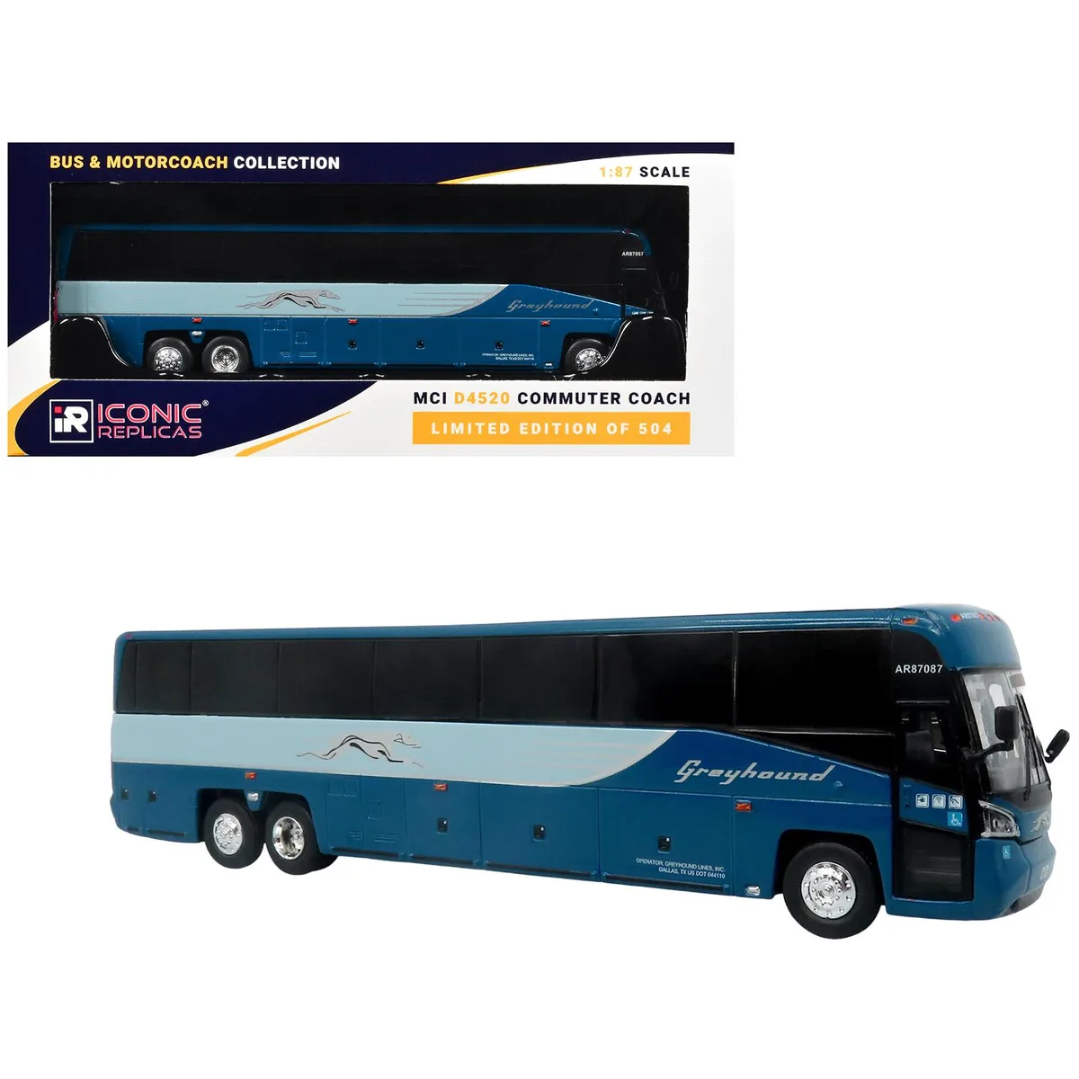 Iconic Replicas Iconic Replicas MCI D4520 Greyhound Lines Blue Light Blue Stripes 1/87 HO Limited 504 — product photo