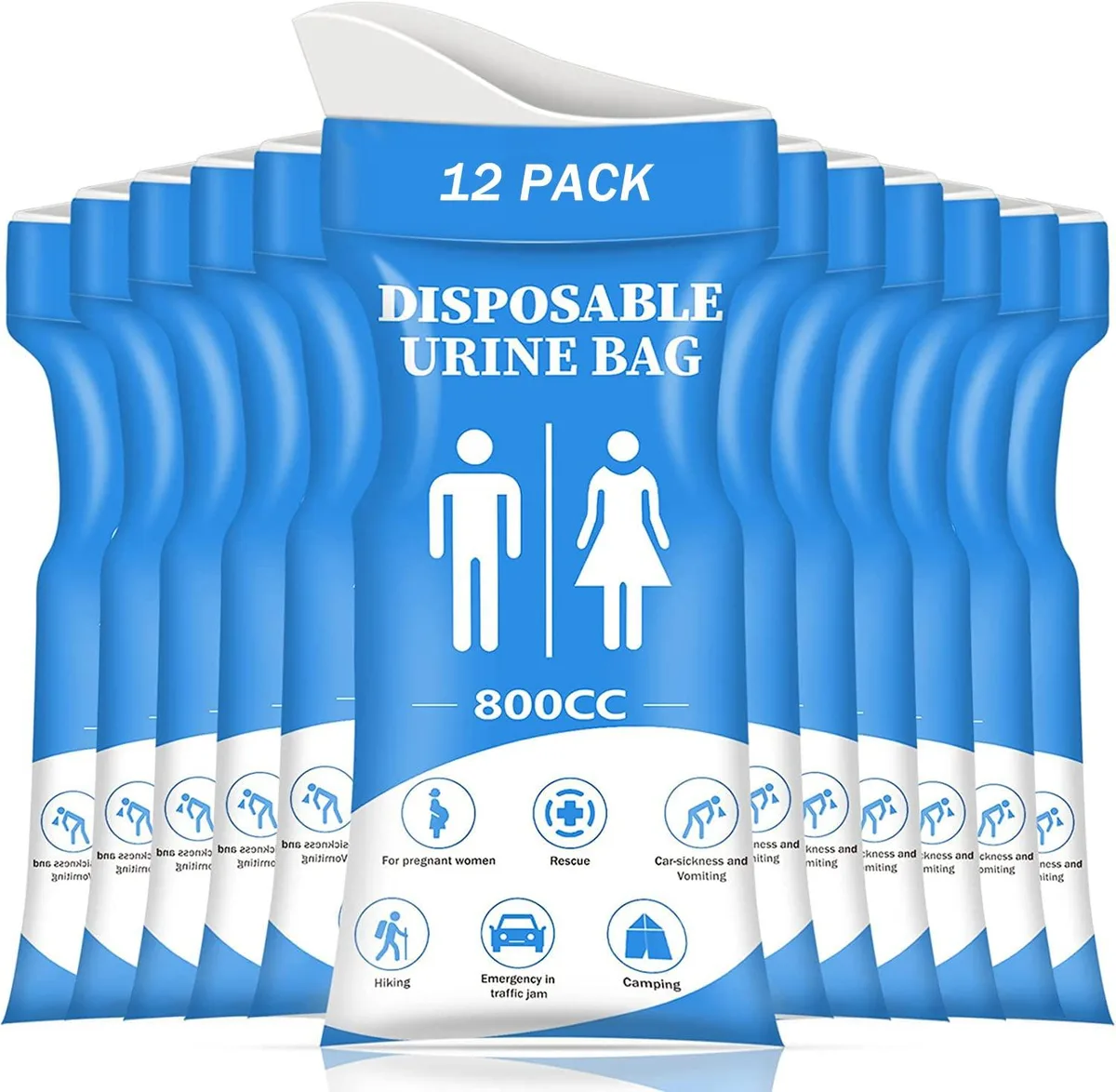 Twelve folded blue disposable urinal bags in individual packets