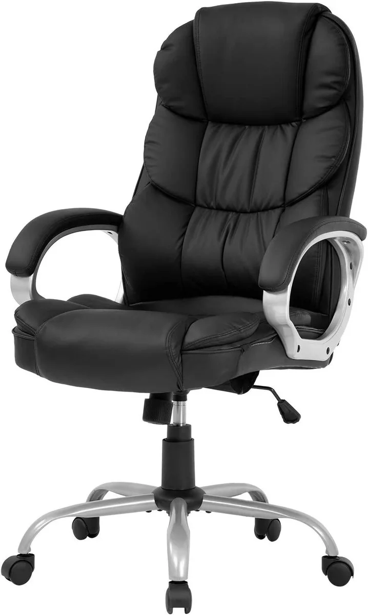 Black high-back office chair with PU leather upholstery, padded armrests, five-star base, swivel casters