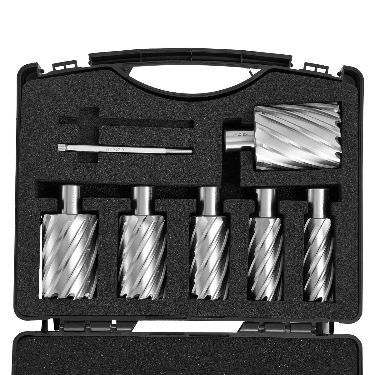 VEVOR VEVOR 6pc Annular Cutter Set Weldon Shank 1-2in Diameter 2in Depth M2AL HSS with Pilot Pins Case — product photo
