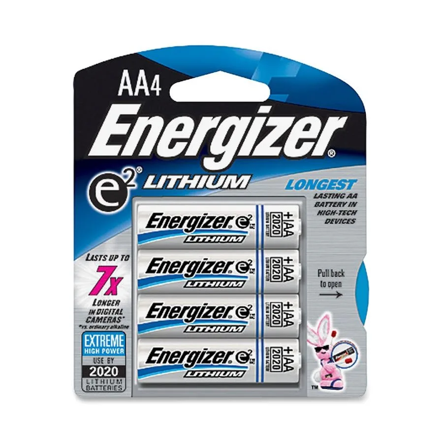 Cardboard blister pack holding four silver AA lithium cells 1.5V