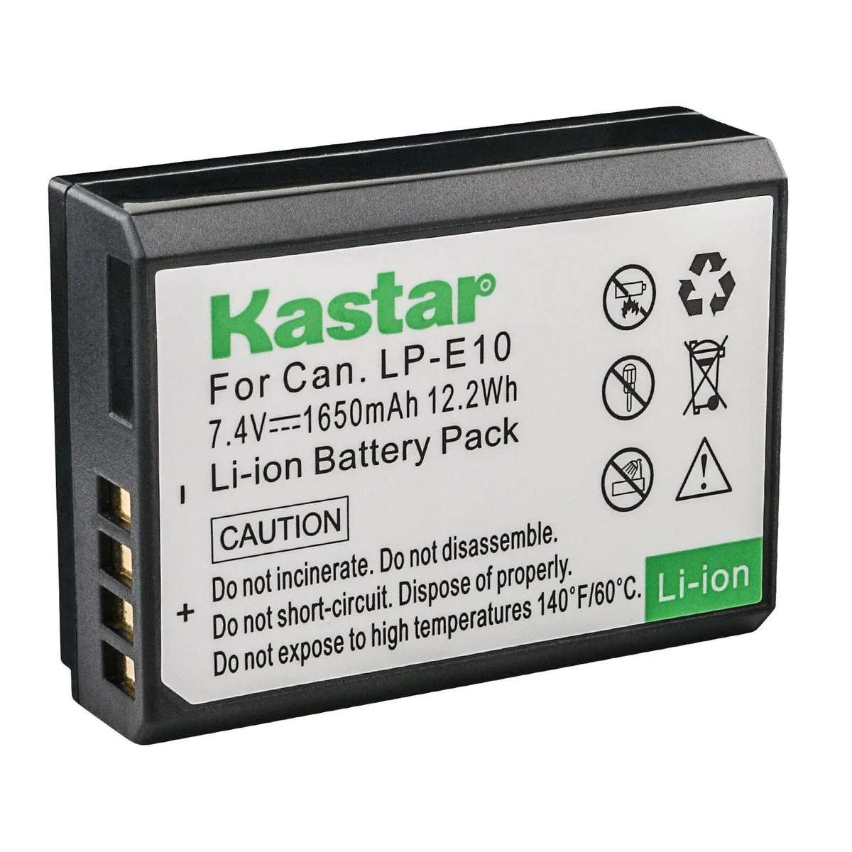 Rectangular lithium-ion camera battery, dark grey plastic shell, gold contacts visible
