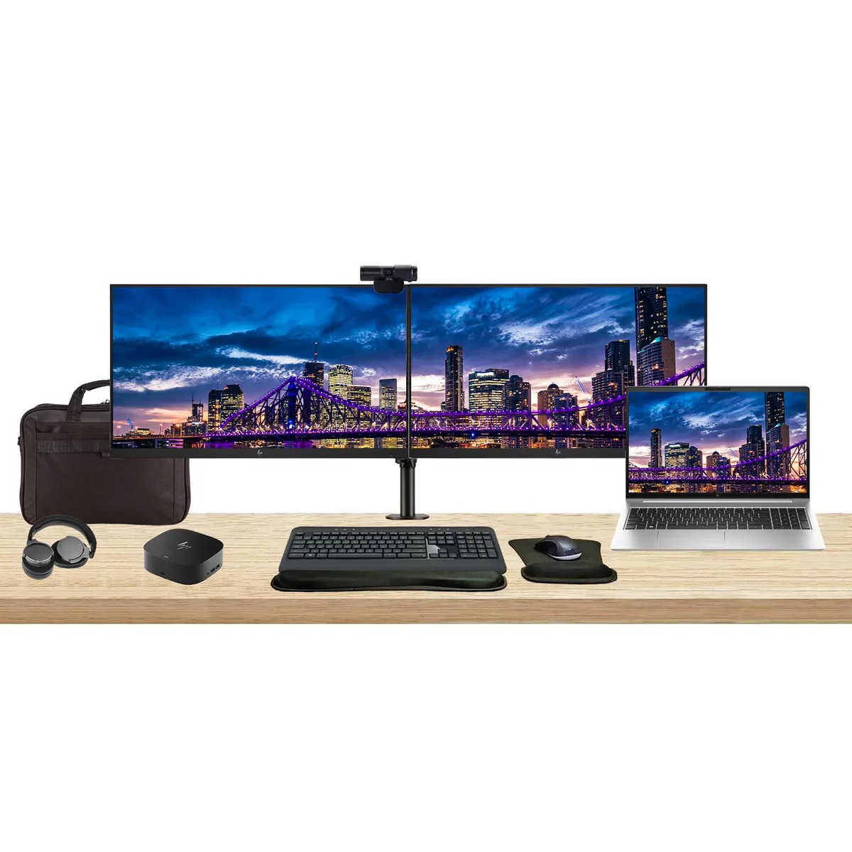 HP HP ProBook 450 G10 i5-1335U 8GB 256GB laptop bundle with dual 24" monitors, dock, peripherals — product photo