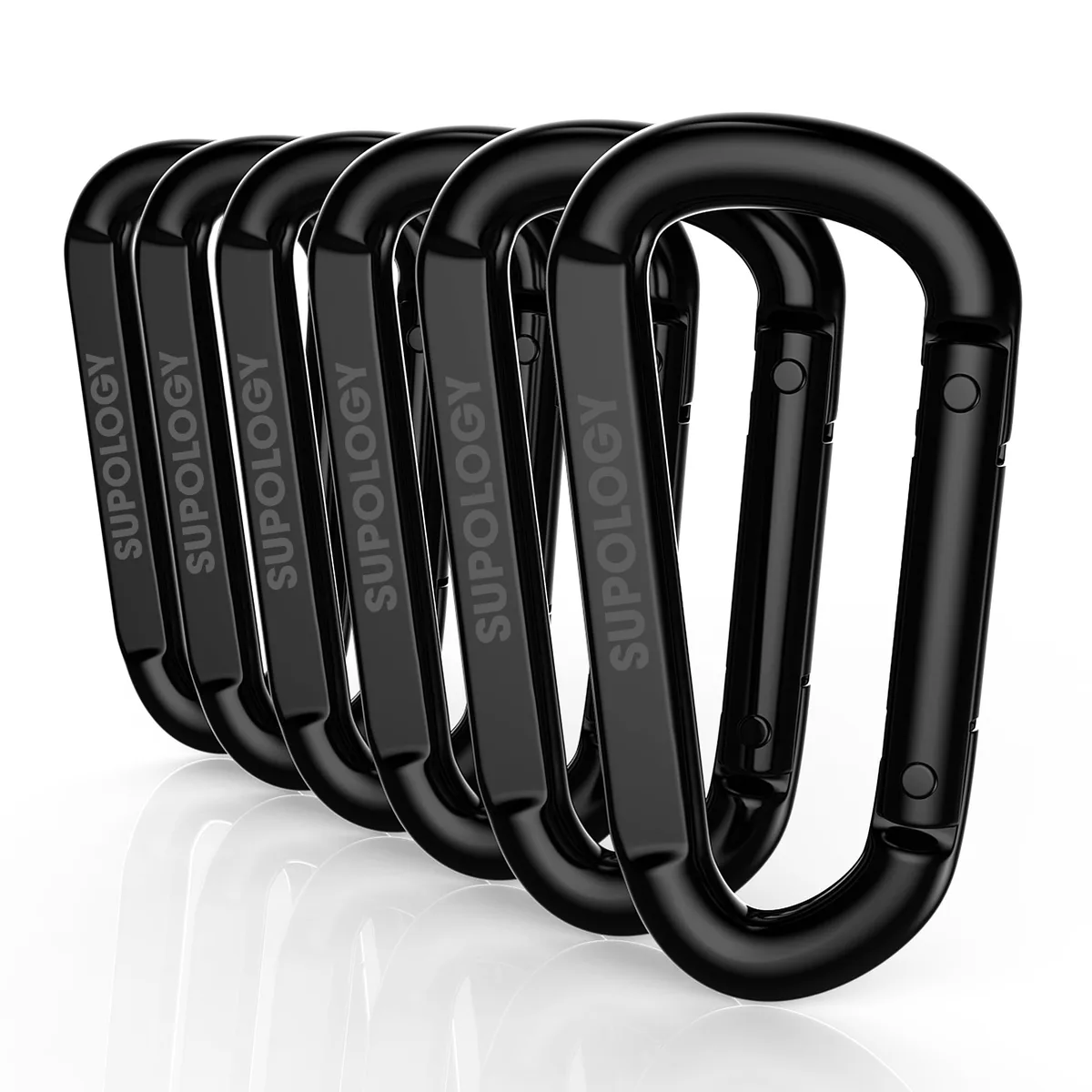 Ten black D-shaped steel carabiners, three inches long, spring-gate clips