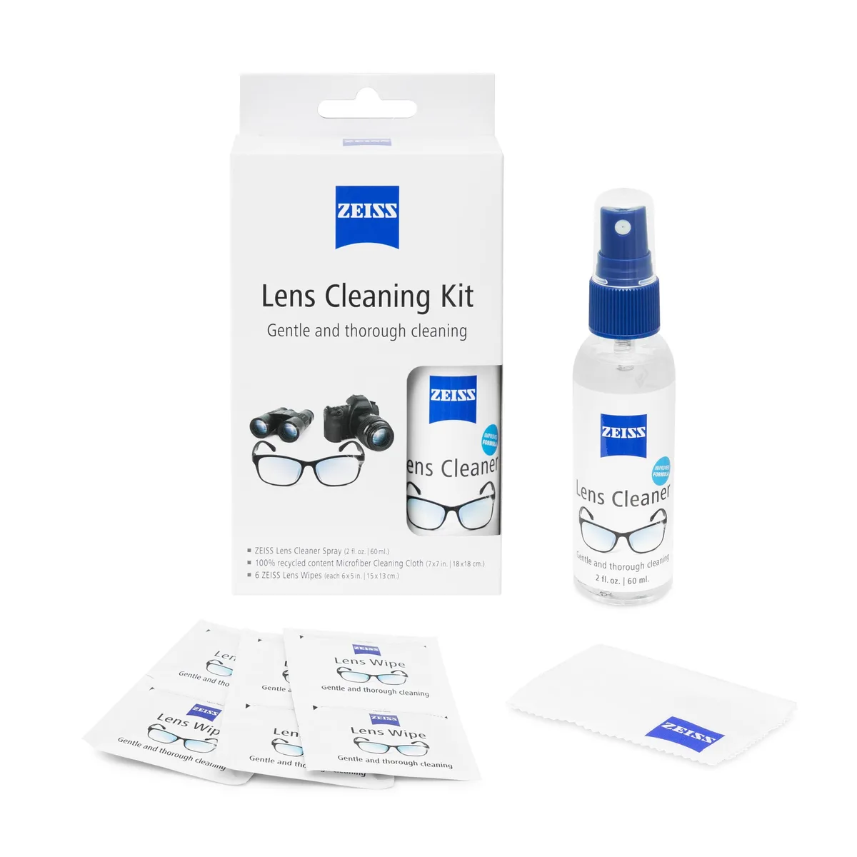 ZEISS lens cleaning kit with spray bottle, wipes and microfiber cloth