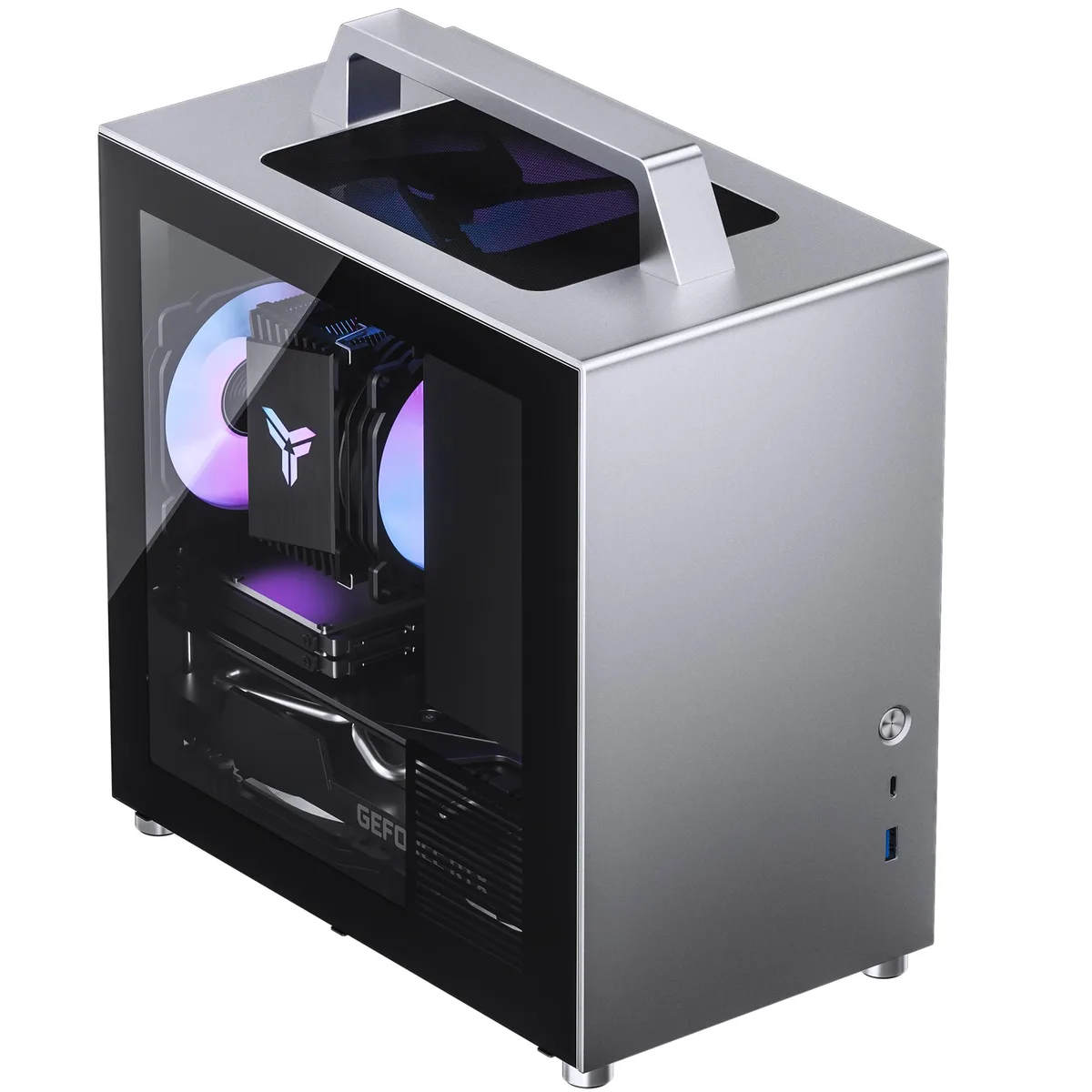 Silver Mini-ITX tower with aluminum frame, steel structure and tempered glass side panels, built-in top 140mm RGB fan