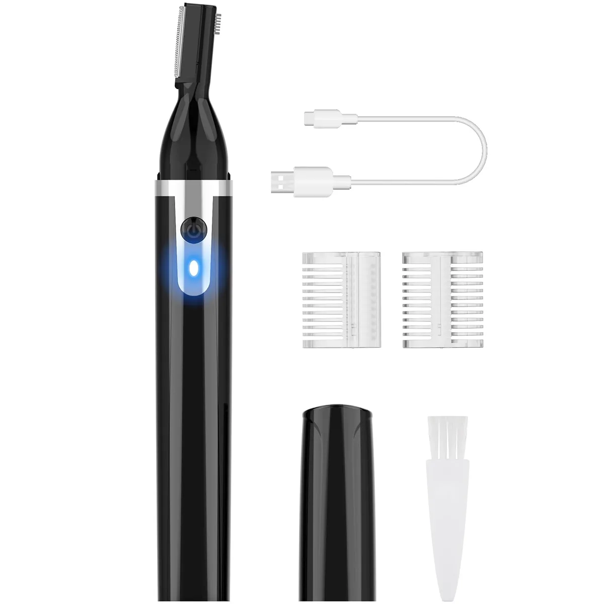 Compact black eyebrow trimmer with five detachable heads and USB charging port