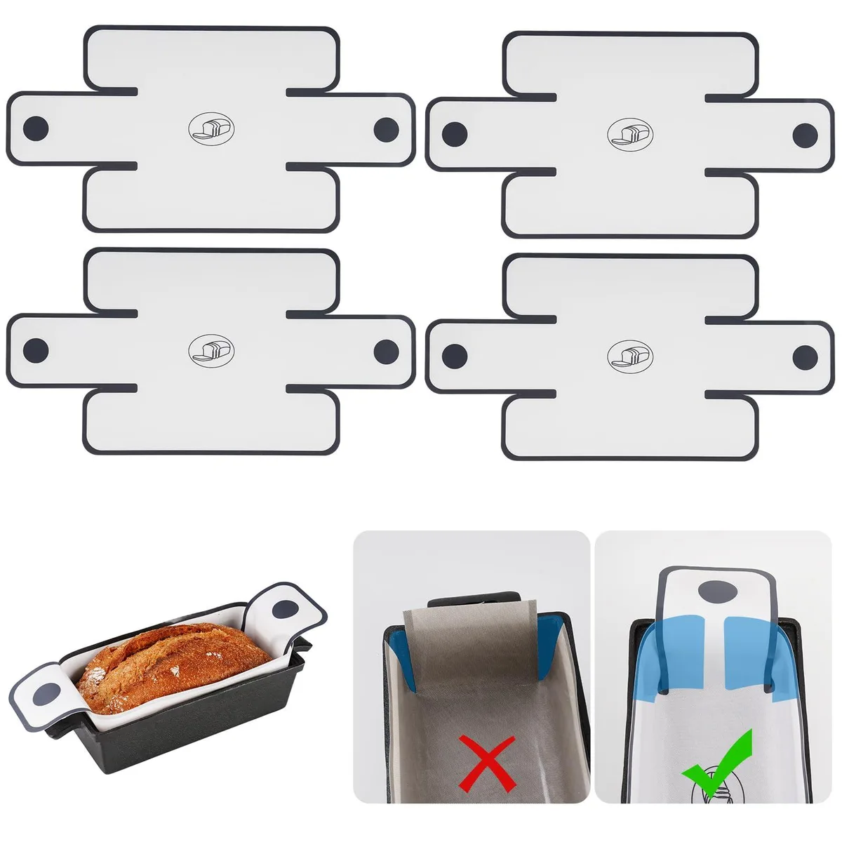 Four white silicone bread slings with black edges, folded corners and long tab handles