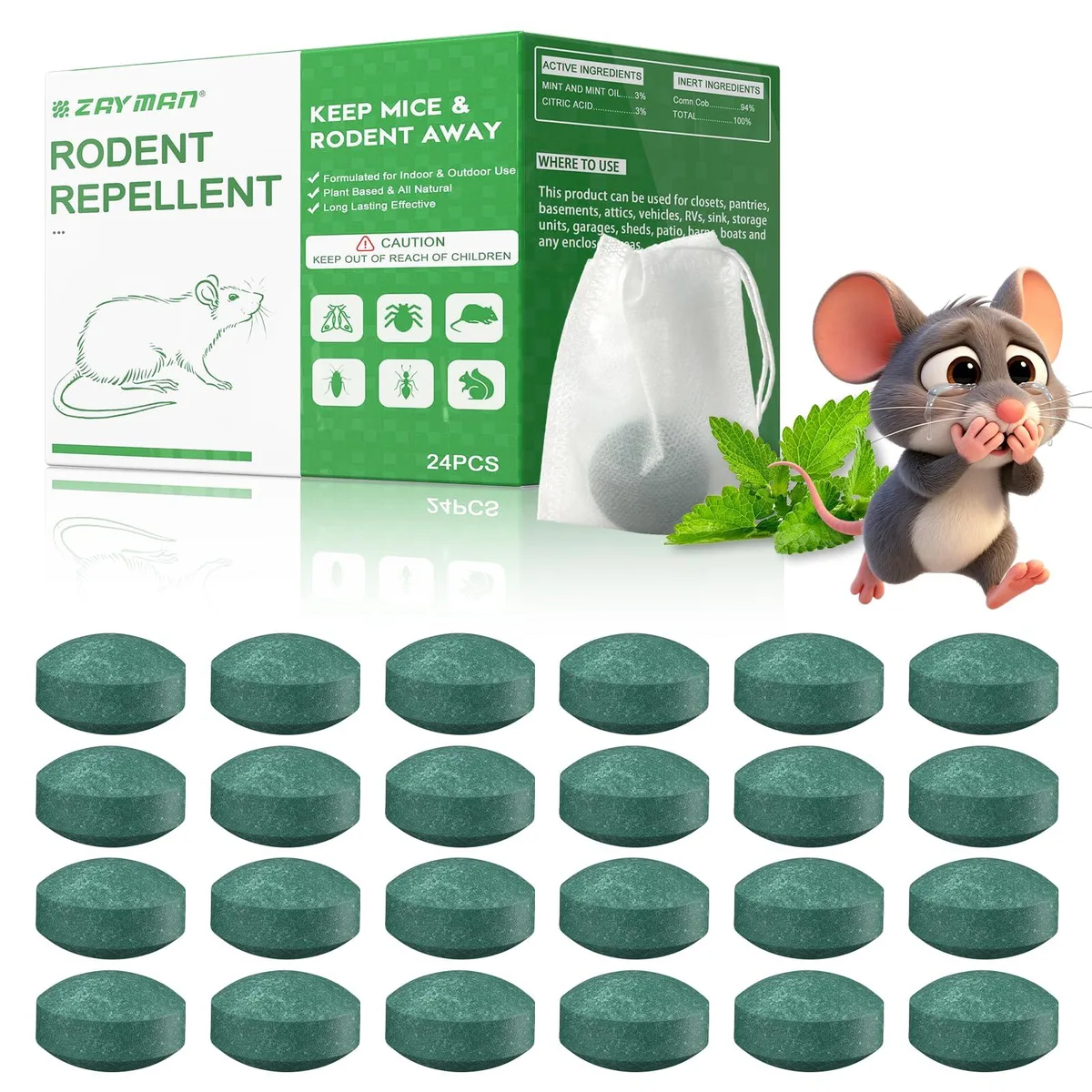 Twenty-four sealed peppermint-lemon oil repellent pouches in a pack
