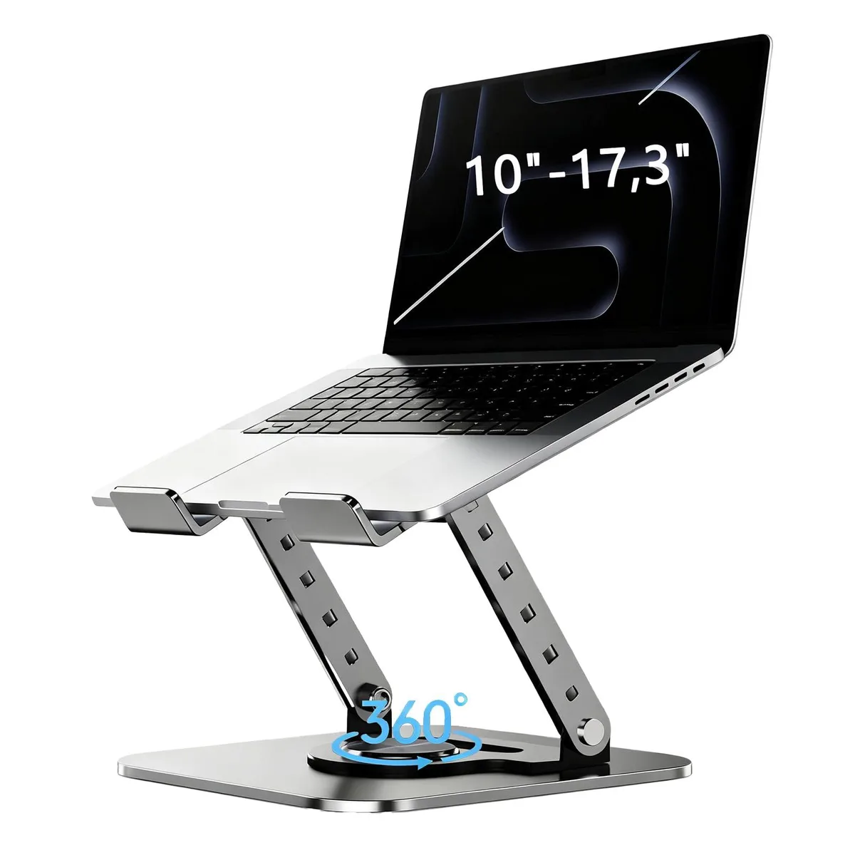 Black carbon-steel laptop stand with 360° rotating base, adjustable height, foldable arms, open ventilated deck
