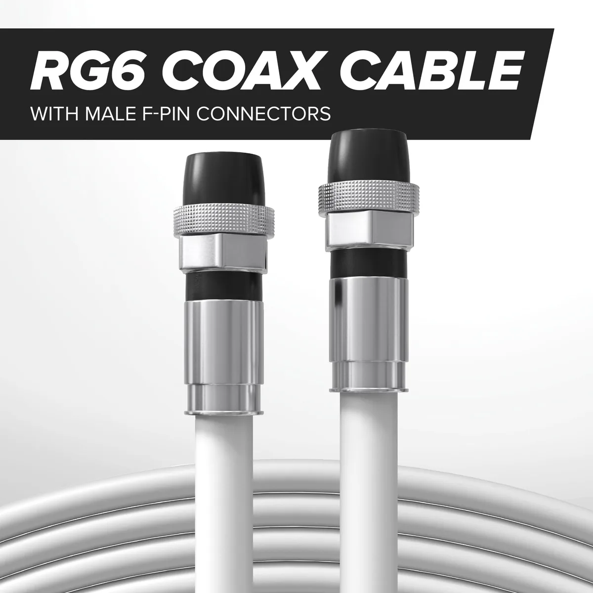 White RG6 coaxial cable on a spool with weather-booted connectors
