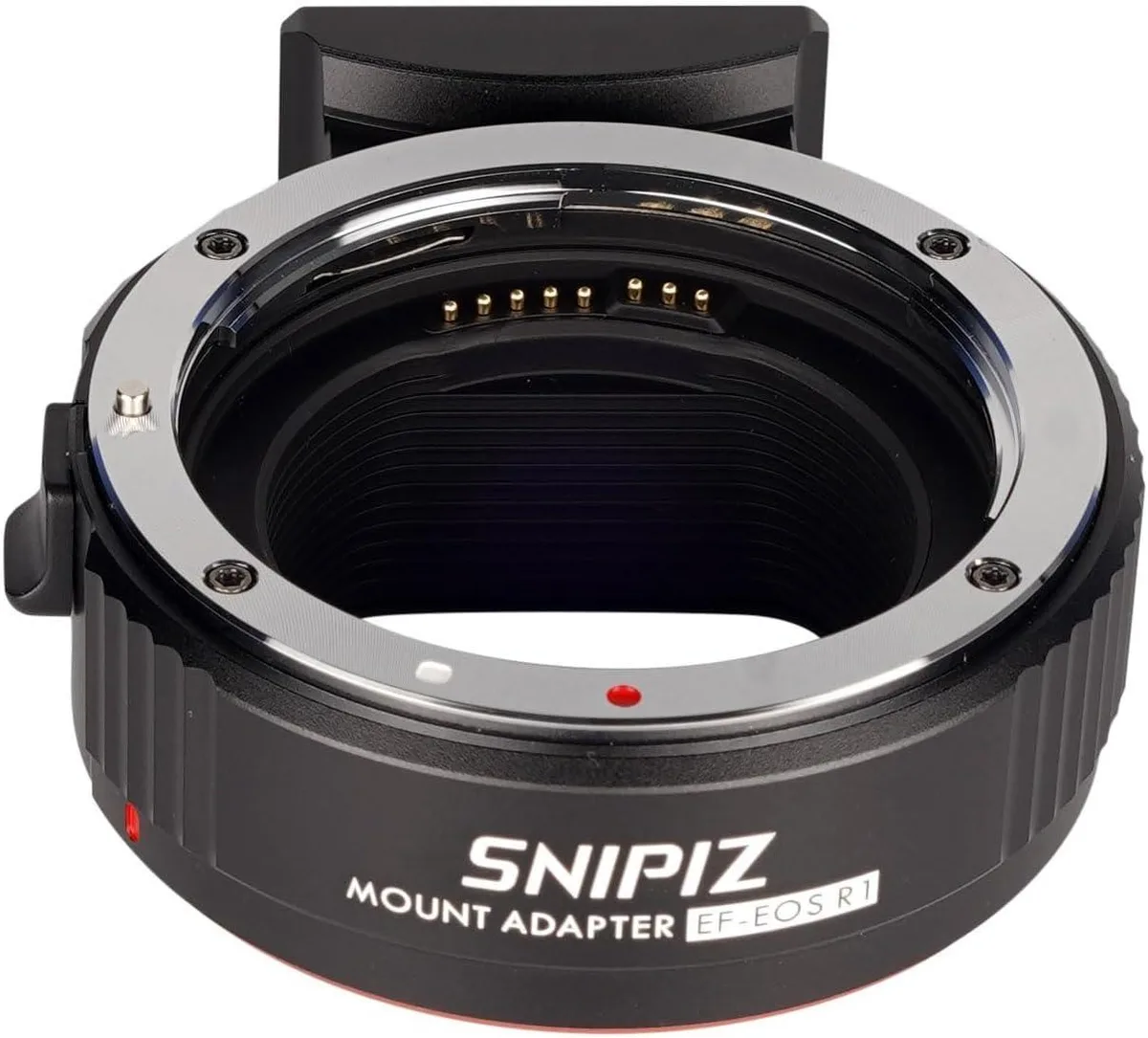 Black cylindrical lens mount adapter with gold electronic contacts and detachable tripod foot