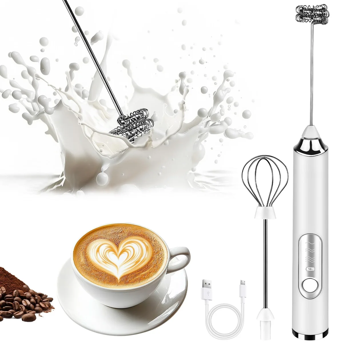  Brentwood Milk Frother Toughwild Handheld Rechargeable 3 Speed 2 Whisks White — product photo