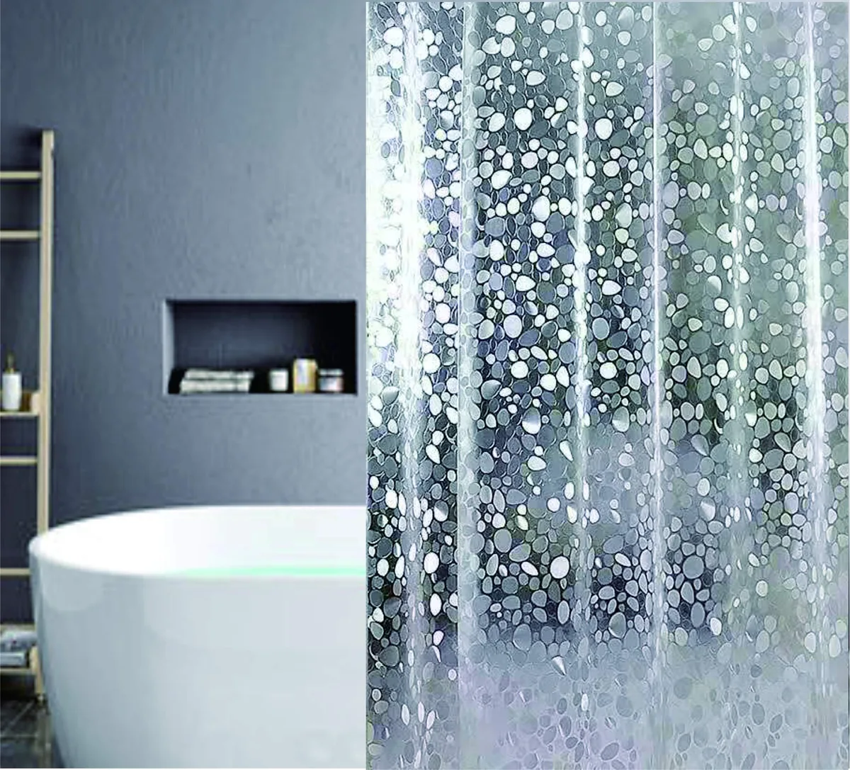 Semi-transparent white shower curtain liner with 3D pebble pattern and 12 plastic hooks