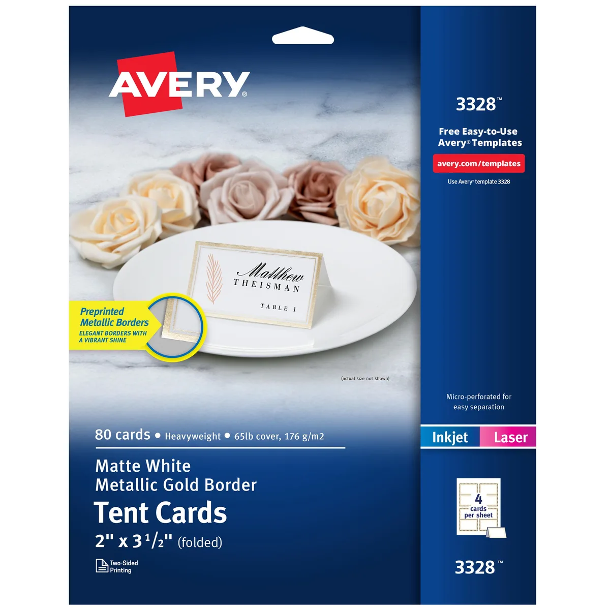 White tent cards with gold borders, 80 pack on perforated sheets