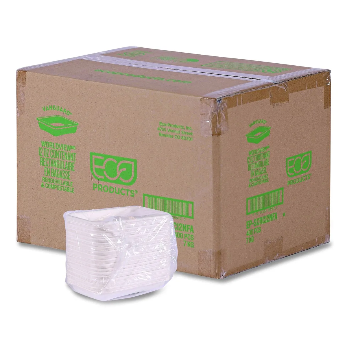 White rectangular sugarcane fiber container 12 oz 7 x 4.75 x 1 inches