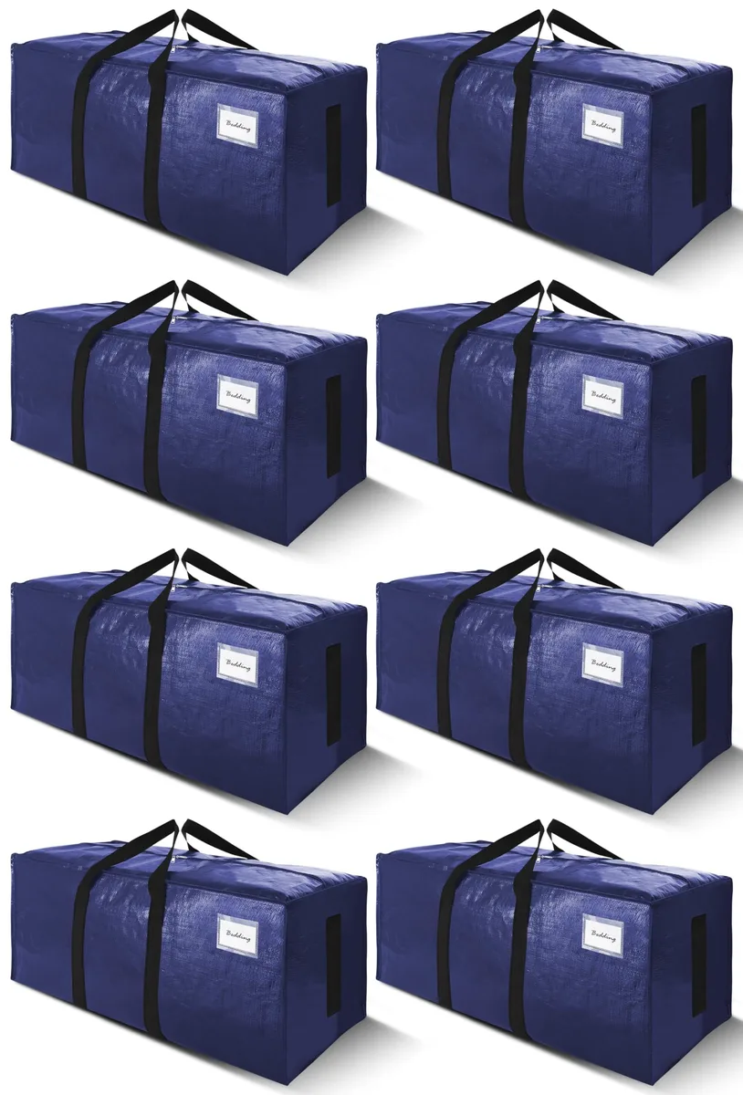 Eight blue rectangular storage bags with reinforced wrap-around handles laid flat