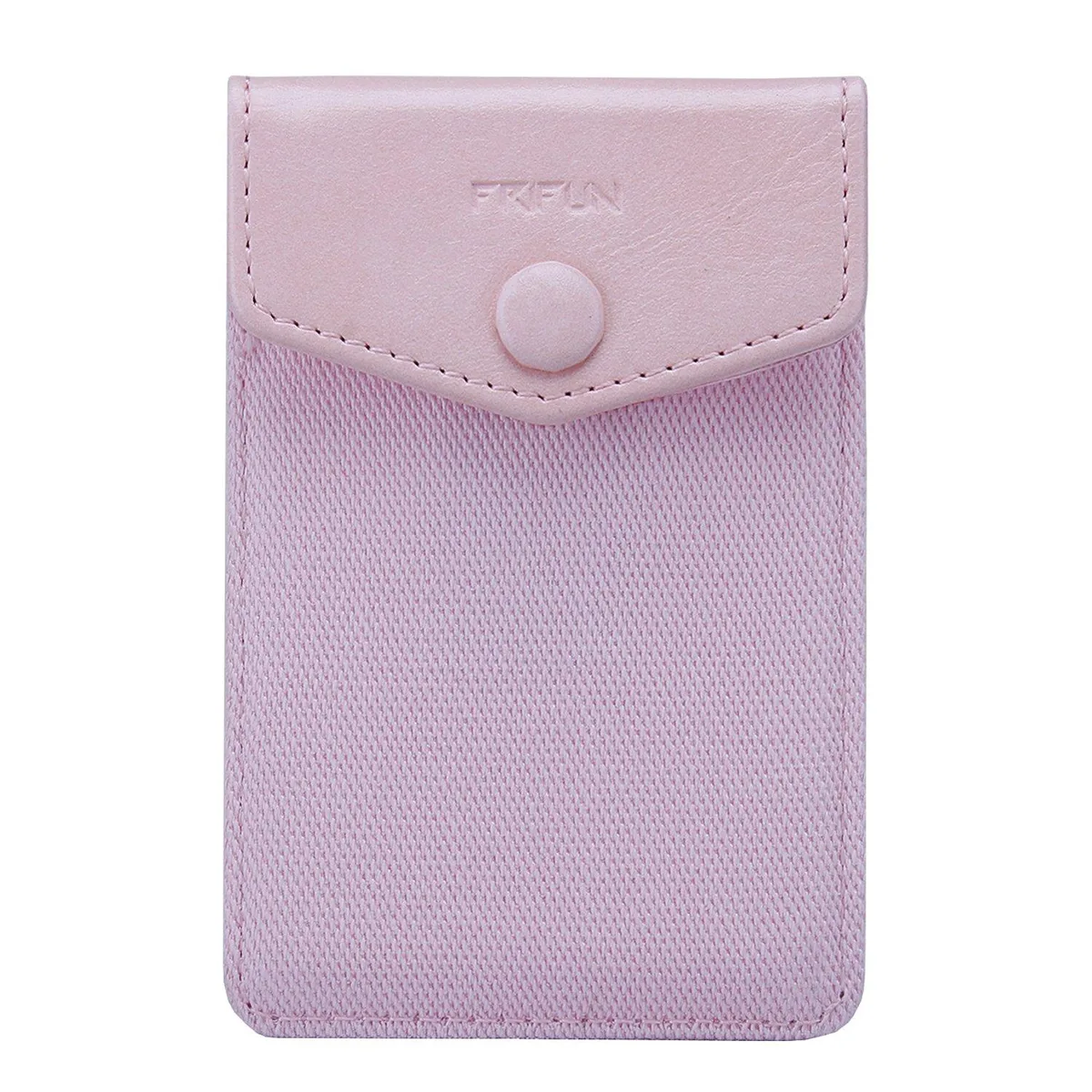 Pink leather phone wallet with snap closure, adhesive back