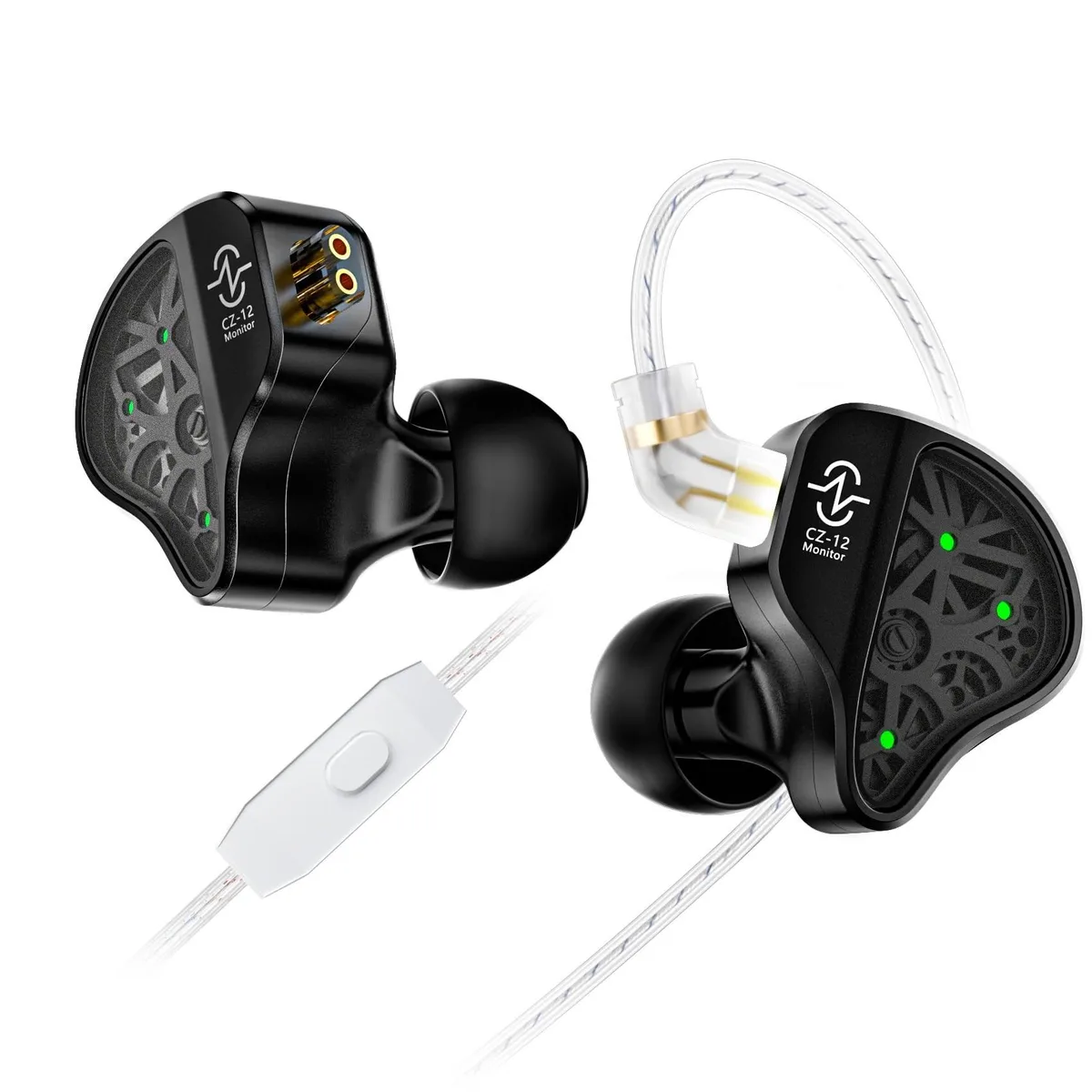 Black in-ear monitors with metal faceplates and detachable cable