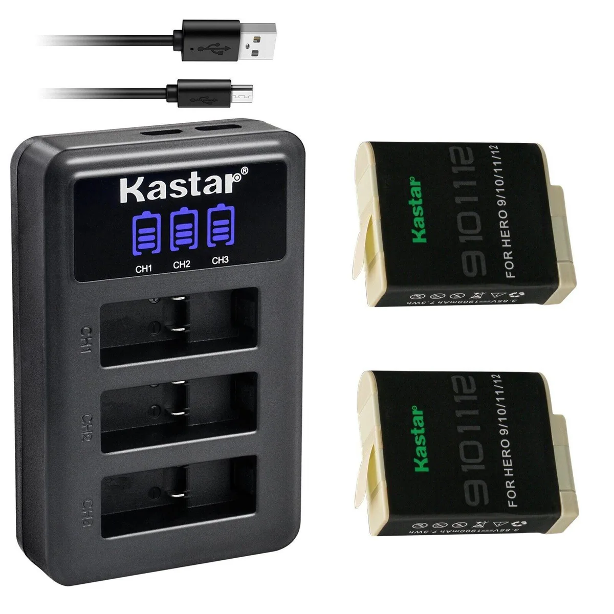Kastar Kastar 2-Pack Battery &amp; LCD Triple USB Charger for GoPro HERO 12 11 10 9 — product photo