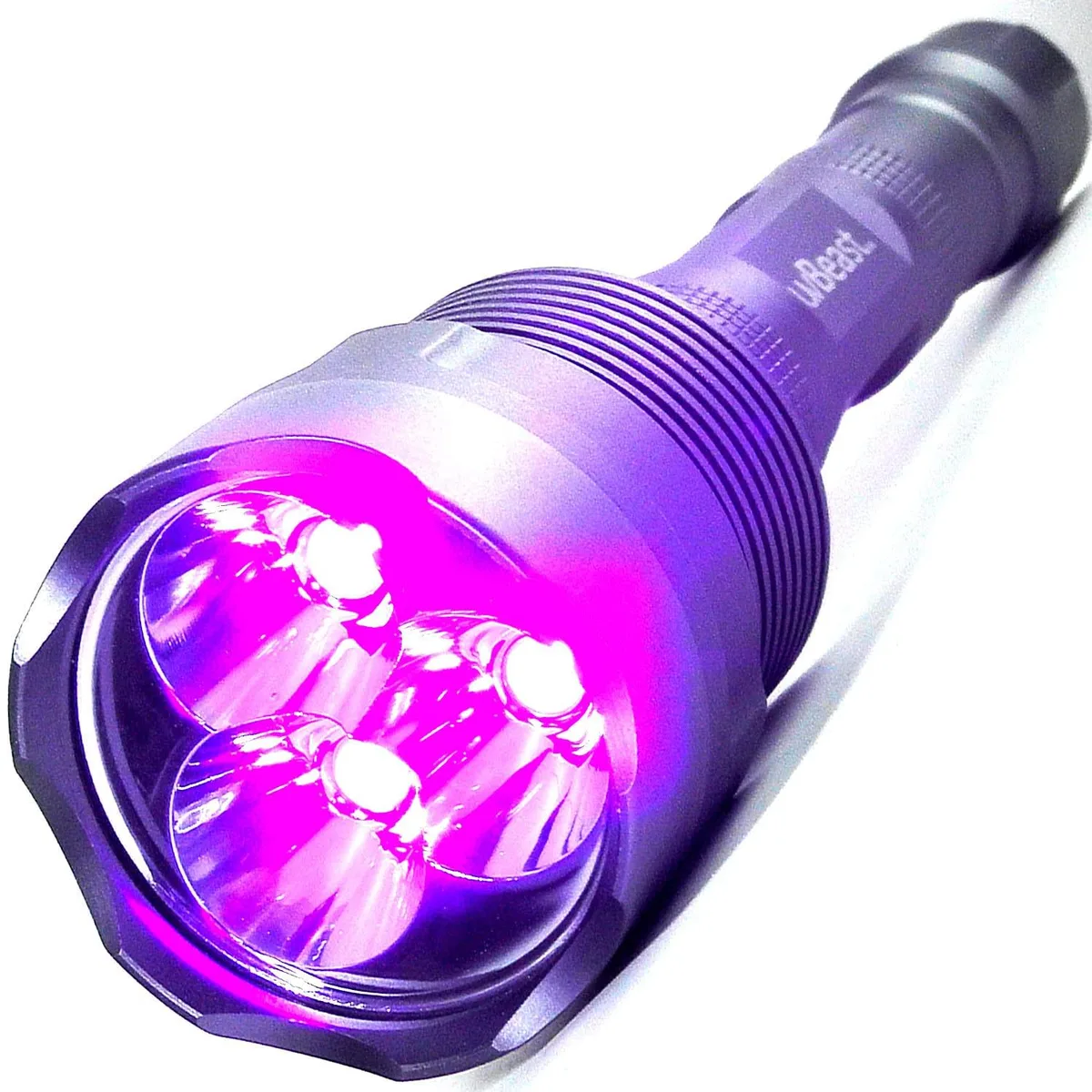 Black aluminium UV flashlight, 22 cm long, triple LED head