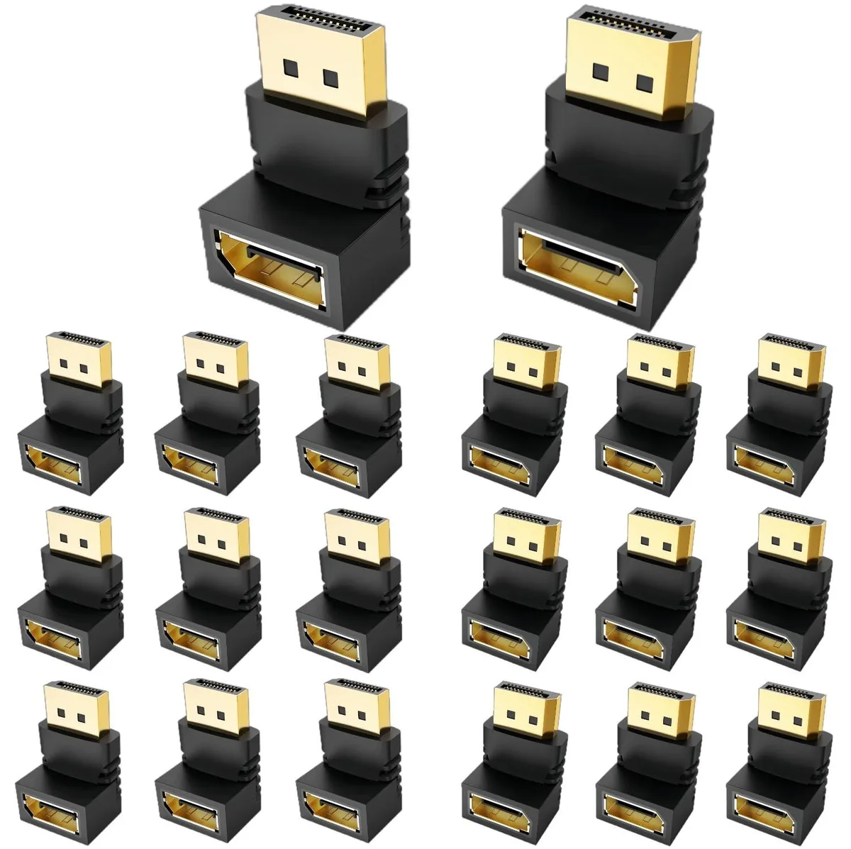 Twenty small black right-angle DisplayPort adapters with gold tips, ten each at 90 and 270 degrees