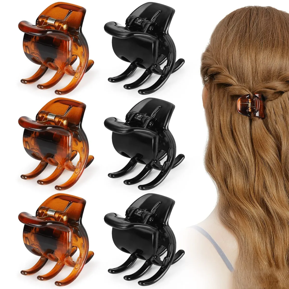 Six small resin hair claw clips in black and brown, 1.3 inch jaws, metal spring covered in plastic