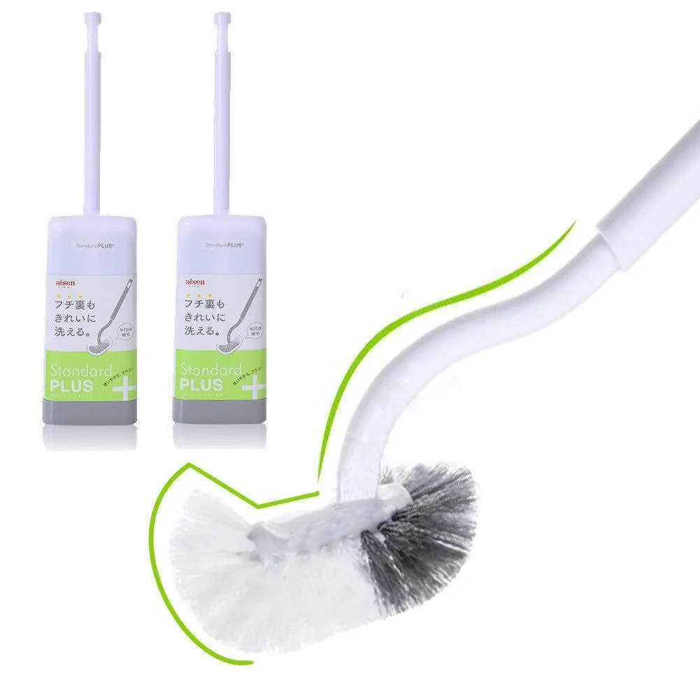 Two white toilet brush sets with curved heads and ventilated holders, 14.8 inches high