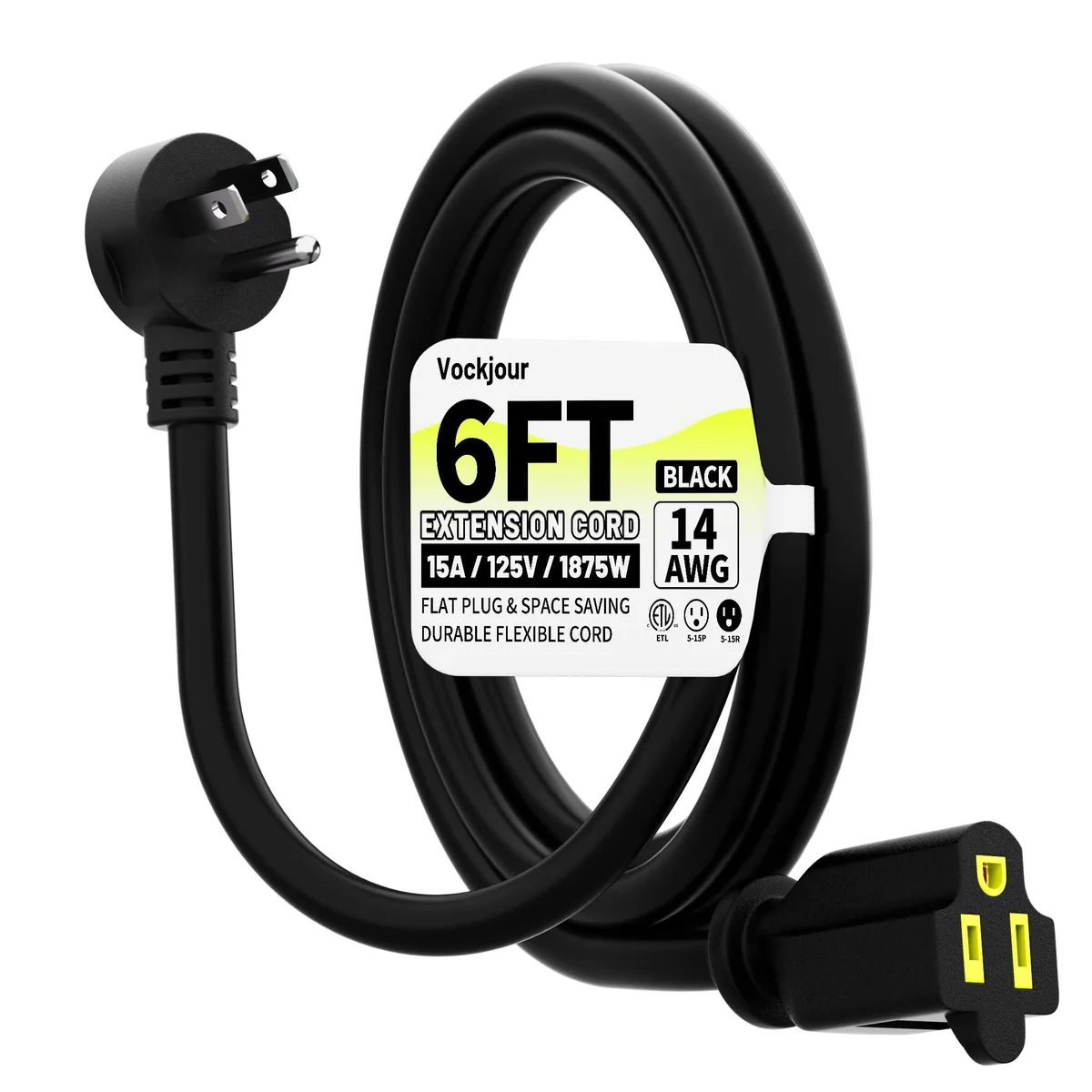 Black 6 ft flat-plug extension cord, 14 AWG grounded cable with NEMA 5-15 ends