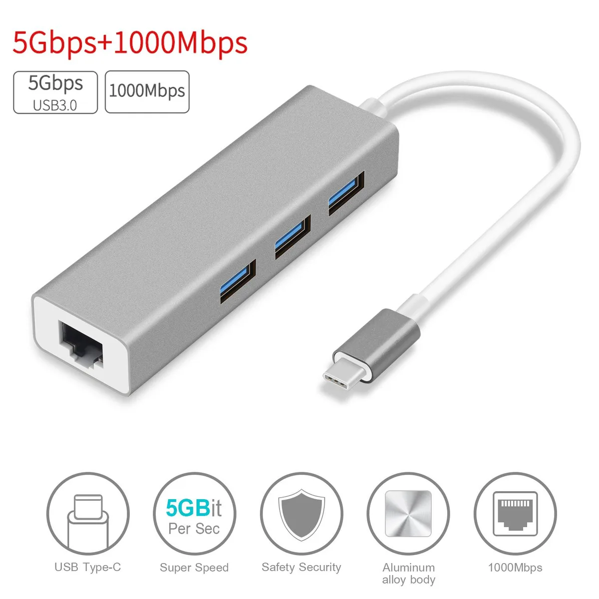WRIARICH WRIARICH USB-C to Gigabit Ethernet & 3× USB 3.0 Hub Gray — product photo