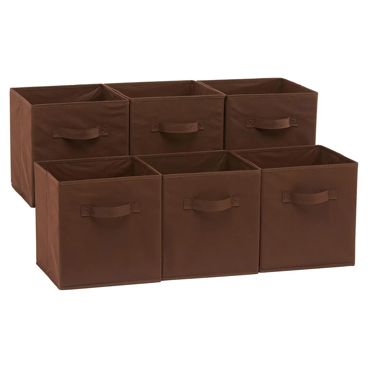 Six brown fabric storage cubes with handles, collapsible, 10.5x10.5x11 inches
