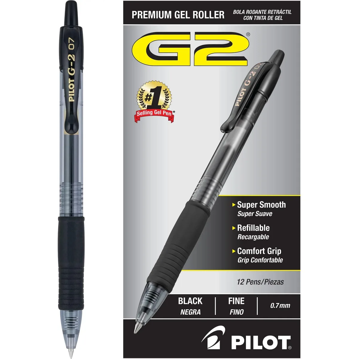 Retractable gel rollerball pen, fine point, black ink, rubber grip