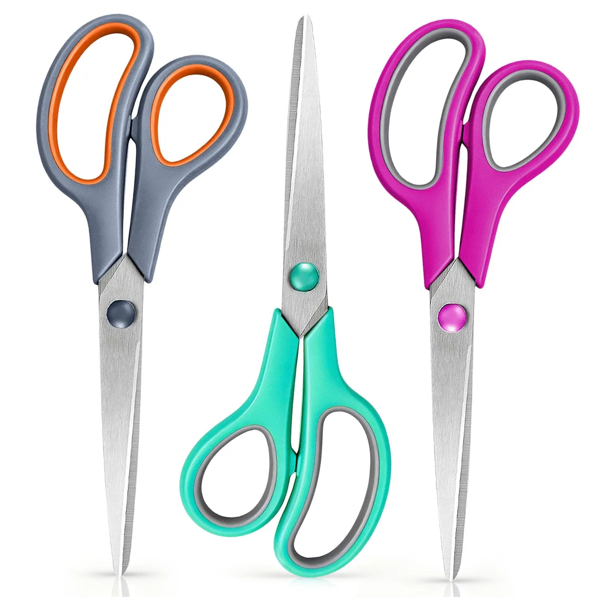 Three gray 8.5 inch scissors with soft comfort grips
