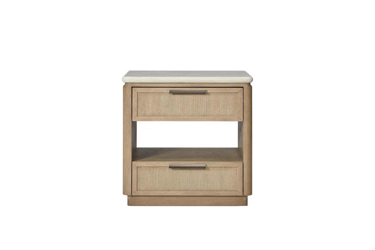 Beige two-drawer nightstand with rope drawer fronts